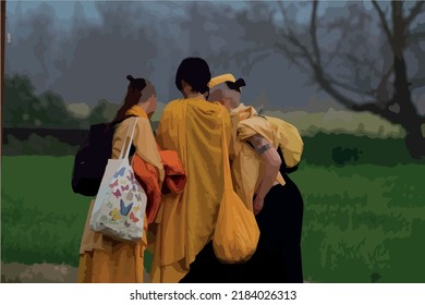 Monjes reunidos antes de la oración, cultura hindú, rishikesh en india, ilustración vectorial