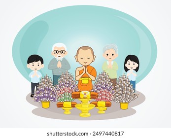 Monks, grandparents, boys and girls in a prayerful pose at the Kathin Samakhi ceremony in Thailand.