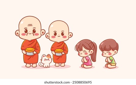 Monks and Kids Alms Giving Ceremony Cartoon Vector Illustration