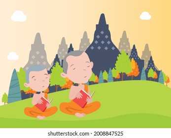 Monks meditating cartoon 2d vector concept for banner, website, illustration, landing page, flyer, etc.