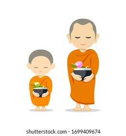 Monks and novices holding alms bowls, isolated on white background,vector illustration