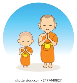 Monks and novices in a praying pose. Character cartoon illustration design.