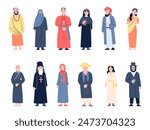 Monks and nuns. Religious people in traditional clothes, nun and priest flat characters. Catholic orthodox hinduism muslim recent vector men and women