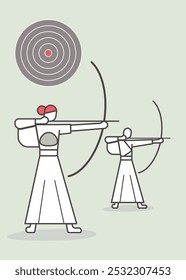 Monks practicing japanese kyudo archery. They are aiming for the target. Vector illustration in a basic line style.