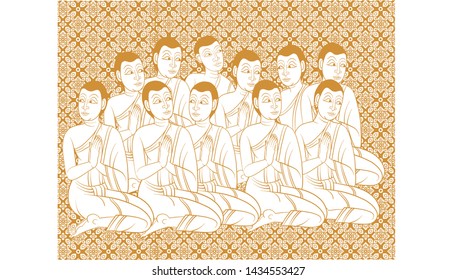 monks pray on thai traditional pattern vector