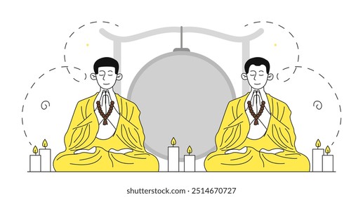 Monges em oração. Homens com roupas amarelas com rosário nas mãos sentam em posição de lótus e meditam. Relaxamento e bem-estar, concentração. Fé e religião. Ilustração de vetor linear