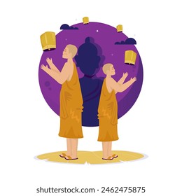 Monks release lanterns celebrating Buddhist festivals, Happy vesak day, Vector illustration