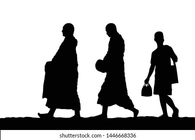 Monks are walking to receive food with temple boy walks follow silhouette vector