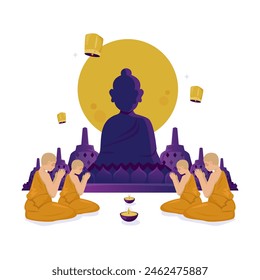 Monks worship in meditation, Happy Vesak day, Celebrate of Buddhist festival, flat vector illustration