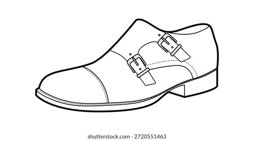 Monkstrap mens doble hebilla línea de zapatos individuales. Calzado de cuero de correa doble estilo casual elegante formal moderno. Ilustración de moda técnica CAD maqueta boceto Vector mujeres unisex aislado.