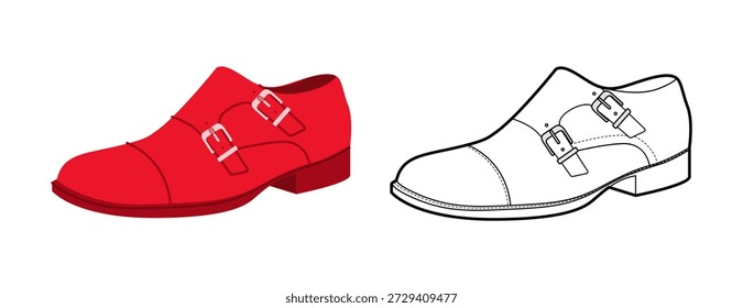 Monkstrap mens rojo doble hebilla plana más línea conjunto. Calzado de cuero de correa doble estilo casual elegante formal moderno. Ilustración de moda técnica CAD maqueta boceto Vector mujeres unisex aislado.