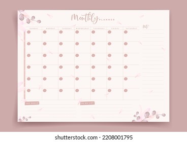 Monly Planner, Daily Planner, Calendar, Day Planner, Date, Habit tracker. Planificador mensual. Plantilla en blanco. Ilustración vectorial. Estilo minimalista. Estilo limpio. Diariamente por hacer. Estilo discreto,