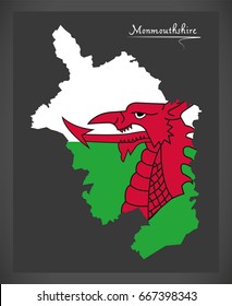 Monmouthshire Wales map with Welsh national flag illustration