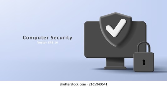Mono chrome 3d illustration of encrypted computer with shield and padlock