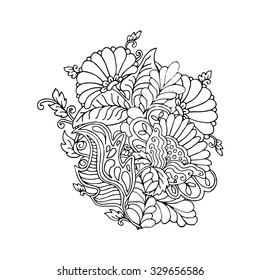 Mono color black line art element for adult coloring book page design.Floral collection.