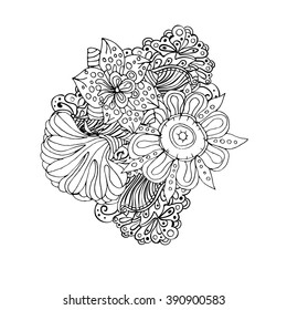 Mono color black line art element for adult coloring book page design.Floral collection. Ethnic zentangle ornament