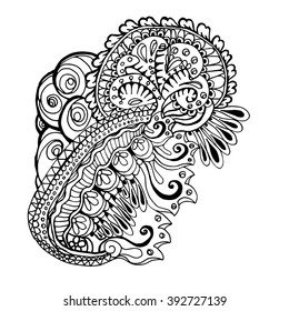 Mono color black line art element for adult coloring book page design.Floral collection. Ethnic zentangle ornament