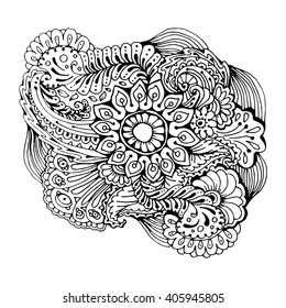 Mono color black line art element for adult coloring book page design.Floral collection.