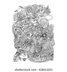 Mono color black line art element for adult coloring book page design.Floral collection. Ethnic zentangle ornament