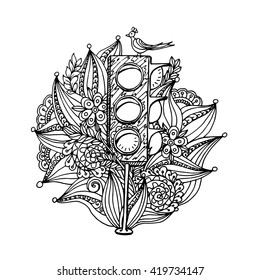 Mono color black line art element for adult coloring book page design. International Traffic Lights Day