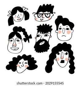 Mono color line funny face of people with different genders and ages, emotions and moods in doodle freehand style. 