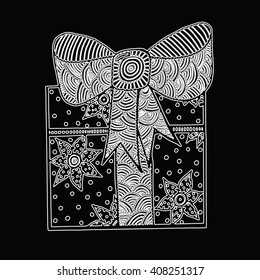 Mono color white gift with ribbon line art element for adult coloring book page design.