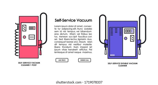 Mono and duo self-service vacuum cleaners. Website page or online store template for car cleaning business. Self-service car wash equipment concept for design of banners. Line vector illustration.