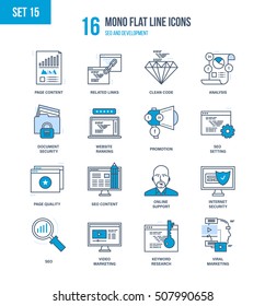 Mono Flat Line icons set of seo and data safety, development, technology, analytics search information, marketing, security, support