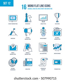 Mono Flat Line icons set of business, accounting and monitoring, analysis and analytics, investment and marketing. Concept of investmen, strategy planning. Vector illustration. Editable Stroke