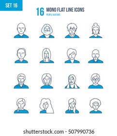 Mono Flat Line icons set of people and their avatars, images of people and their profession. Office worker, teacher, scientific researcher, manager, businessman. People avatars. Editable Stroke