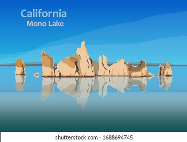 Mono Lake, saline soda lake in Mono County, California, United State, vector illustration