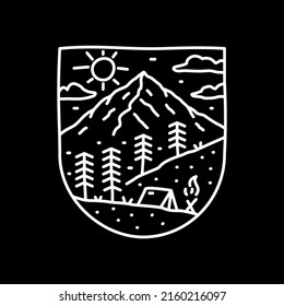 Mono line art design of camping nature adventure in the day wild line badge patch pin graphic illustration vector art t-shirt design