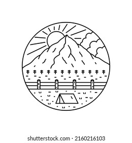 Mono line art design of camping nature adventure in the day wild line badge patch pin graphic illustration vector art t-shirt design