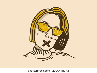 Mono line art drawing of women with cross sign on the mouth in vintage style