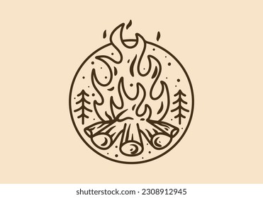 Mono line art illustration design of a bonfire in vintage color