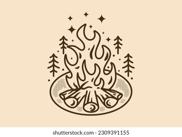 Mono line art illustration design of a bonfire in vintage color