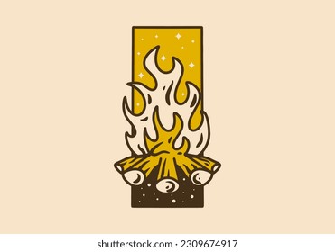 Mono line art illustration design of a bonfire in vintage color