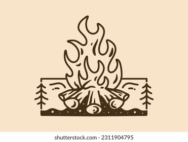 Mono line art illustration design of a bonfire in vintage color