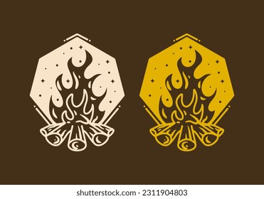 Mono line art illustration design of a bonfire in vintage color