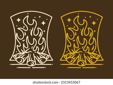 Mono line art illustration design of a bonfire in vintage color