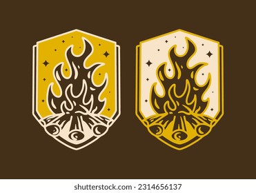 Mono line art illustration design of a bonfire in vintage color