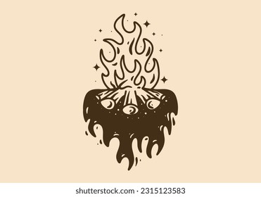 Mono line art illustration design of a bonfire in vintage color