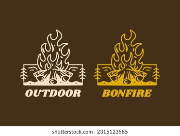 Mono line art illustration design of a bonfire in vintage color