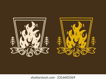 Mono line art illustration design of a bonfire in vintage color