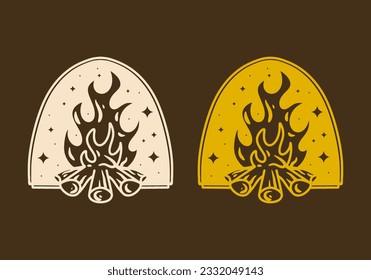 Mono line art illustration design of a bonfire in vintage color