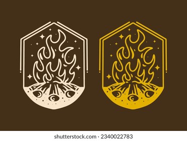 Mono line art illustration design of a bonfire in vintage color