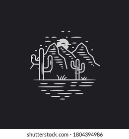 mono line art illustration vector of desert night scene with mountain moon and cactus.