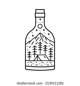 Mono line art of Nature mountain camp wildlife in bottle shape. design for t-shirt, badge, sticker, etc