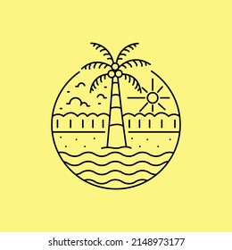 Mono line art of summer beach coconut and wave for badge patch emblem graphic vector art t-shirt design