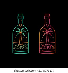 Mono line art of summer beach coconut and wave in bottle shape for badge patch emblem graphic vector art t-shirt design